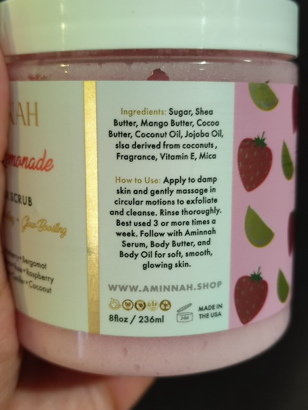 AMINNAH Pink Lemonade Sugar Scrub — Gentle Exfoliating Body Polish - Picture 4 of 5